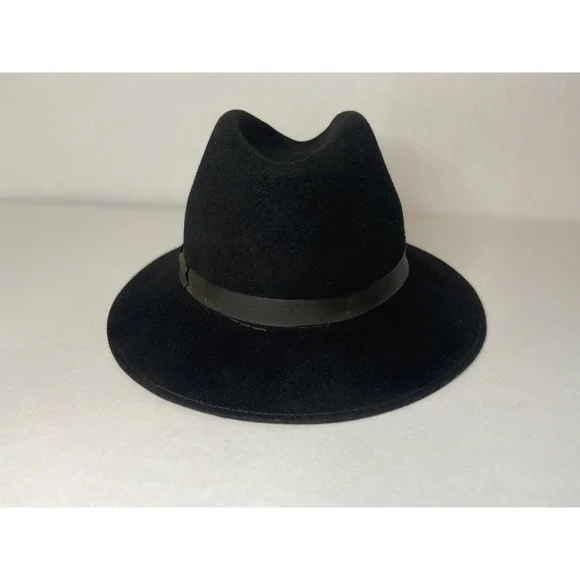 Black Felt Fedora Hat With Brown Band 100 Percent Wool - Picture 15 of 16